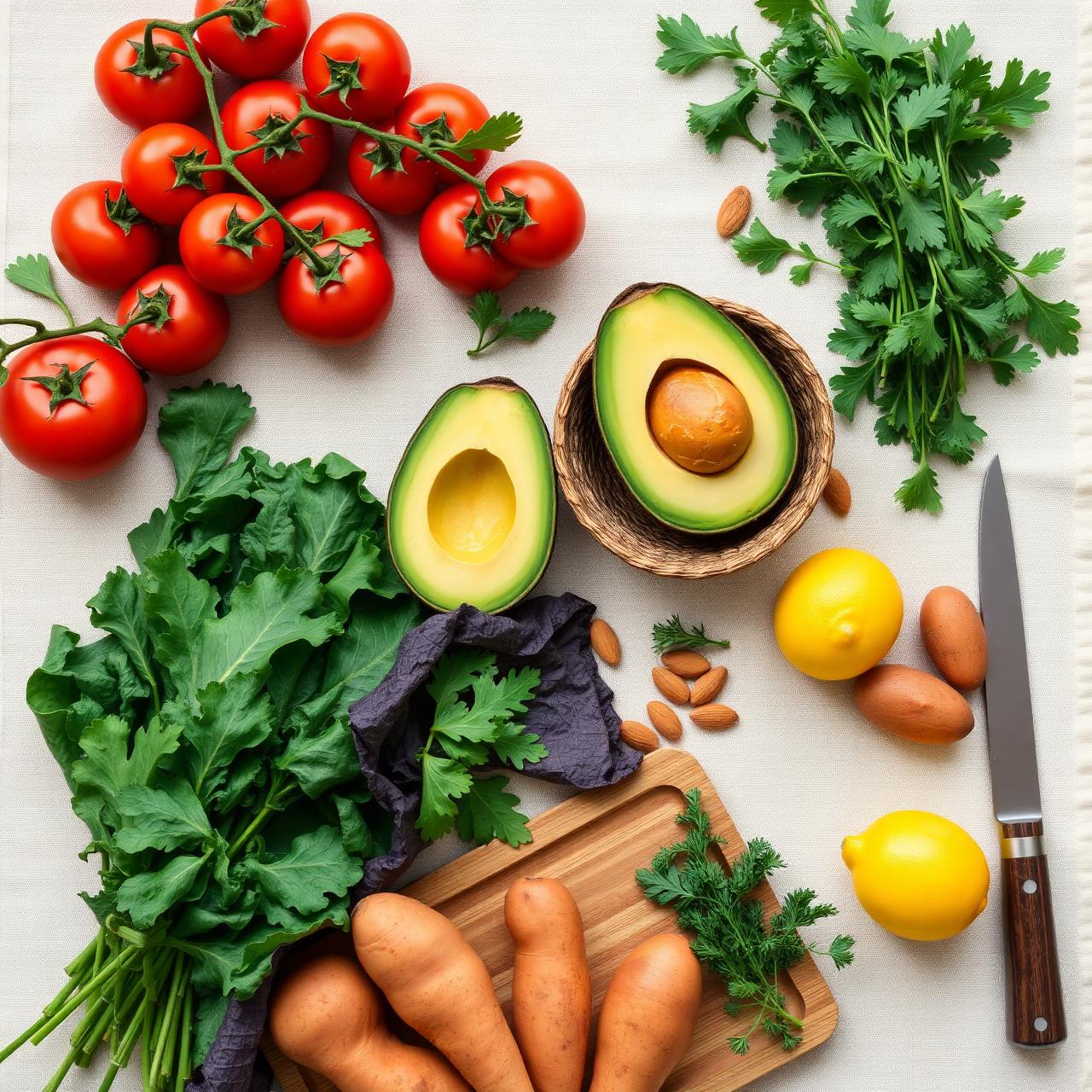 Fresh whole foods: tomatoes, greens, avocado, sweet potatoes and herbs